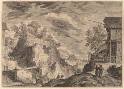 Paesaggio con una locanda a destra e una casa su rocce a sinistra da Aegidius Sadeler II after Roelandt Savery