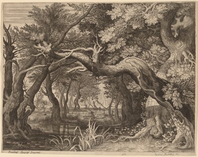 Caccia al cervo vicino a una pozza da Aegidius Sadeler II after Roelandt Savery