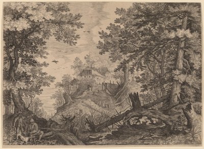 Scena boschiva con due cacciatori e un cane a sinistra da Aegidius Sadeler II after Roelandt Savery