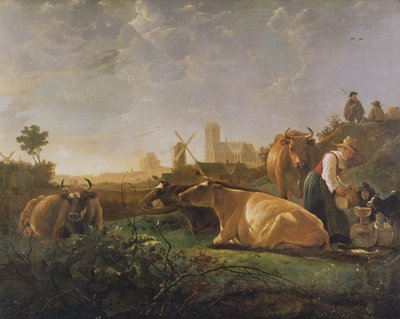 Veduta lontana di Dordrecht con pastore addormentato e cinque mucche (