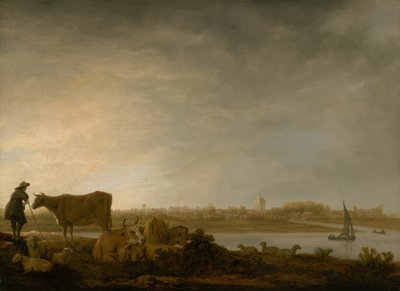 Veduta di Vianen con un mandriano e bestiame vicino a un fiume, c. 1643-45 da Aelbert Cuyp