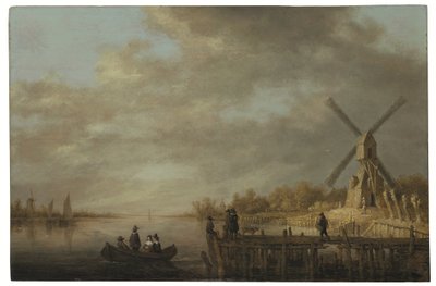 Paesaggio fluviale con un mulino a vento e gentiluomini in una barca a remi e su un molo in primo piano da Aelbert Cuyp