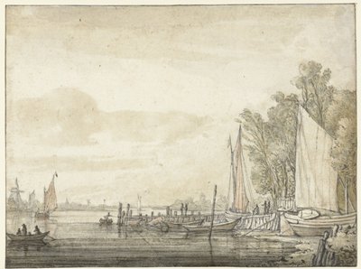 Barche presso un molo in un fiume da Aelbert Cuyp