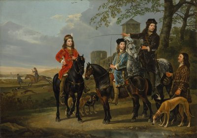Ritratto equestre di Cornelis e Michiel Pompe van Meerdervoort con il loro tutore e cocchiere, partenza per la caccia, c.1652-53 da Aelbert Cuyp