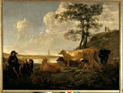Paesaggio vicino a Rhenen: mucche al pascolo e pastore che suona il flauto da Aelbert Cuyp