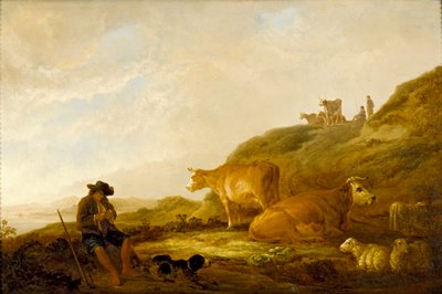 Pastore seduto con mucche e pecore in un prato da Aelbert Cuyp