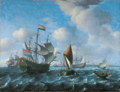 Una nave da guerra, possibilmente Het Wapen van Utrecht, un wijdschip e una spiegelsloep in una brezza forte da Aernout Smit