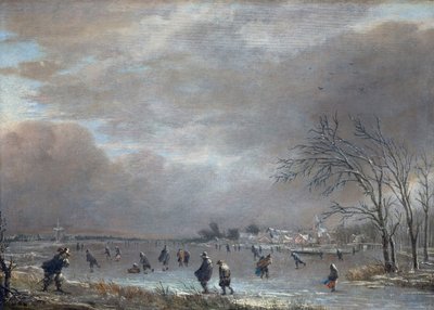 Paesaggio invernale con pattinatori su un fiume ghiacciato da Aert van der Neer