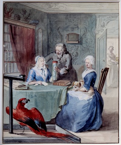 Un naturalista mostra a due donne un vaso contenente un serpente, in primo piano un pappagallo da Aert Schouman