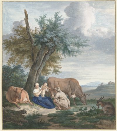 Contadina e contadino con bambino in un paesaggio con bestiame da Aert Schouman