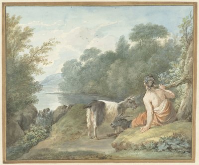 Pastorella con capre in un paesaggio con un lago da Aert Schouman
