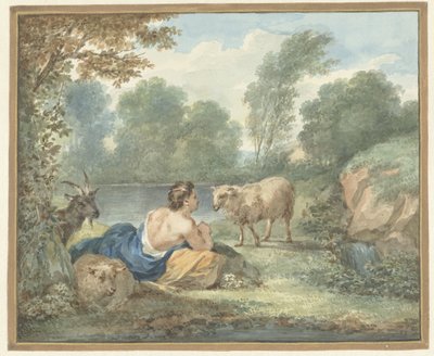 Pastorella con pecore in un paesaggio con un laghetto da Aert Schouman