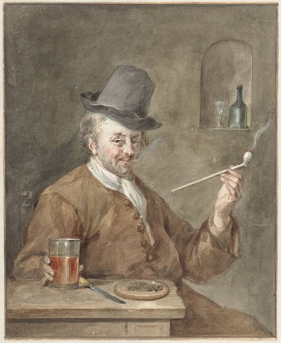Uomo che fuma la pipa a un tavolo con un piatto, un coltello e un bicchiere da Aert Schouman