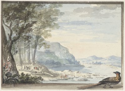 Paesaggio fluviale con un gallo in primo piano da Aert Schouman