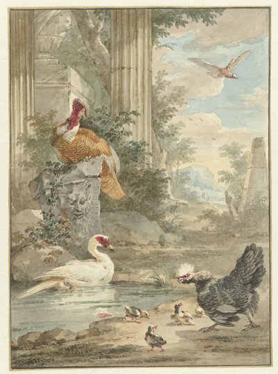 Tacchino e altri uccelli vicino a rovine classiche in un parco da Aert Schouman