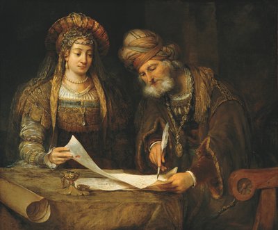 Ester e Mardocheo scrivono la prima lettera di Purim, c.1675 da Aernt de Gelder