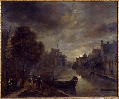 Un canale in una città olandese al chiaro di luna da Aert van der Neer