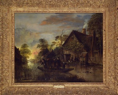 Paesaggio fluviale con contadini che traghettano un toro, contadini vicino a un cottage da Aert van der Neer