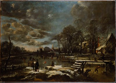 Paesaggio fluviale invernale con figure che giocano a golf e pattinano da Aert van der Neer
