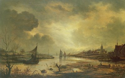 Città olandese su un fiume al chiaro di luna da Aert van der Neer