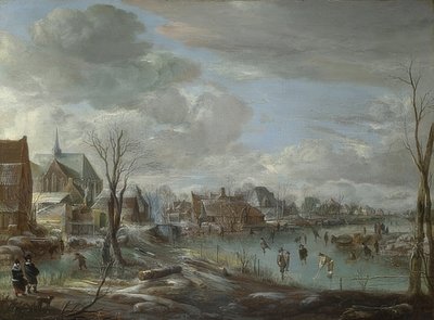 Un fiume ghiacciato vicino a una città con giocatori di golf e pattinatori da Aert van der Neer