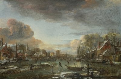 Un fiume ghiacciato con città al tramonto da Aert van der Neer