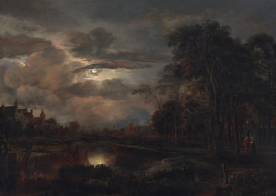 Paesaggio al chiaro di luna con ponte da Aert van der Neer