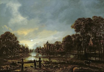 Paesaggio fluviale al chiaro di luna con cottage sulle rive boscose da Aert van der Neer