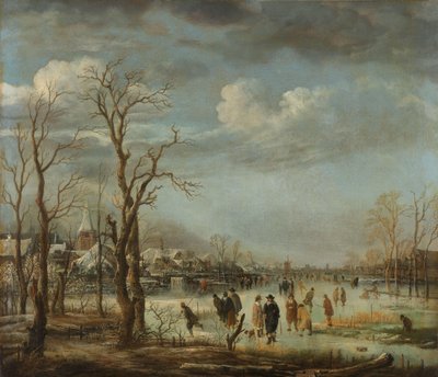 Paesaggio invernale vicino a una città con alberi spogli da Aert van der Neer