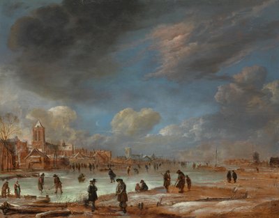 Paesaggio invernale vicino a una città con giocatori di kolf da Aert van der Neer