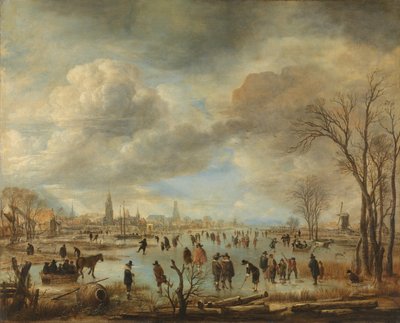 Paesaggio invernale vicino a una città con giocatori di kolf e slitte trainate da cavalli da Aert van der Neer