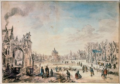 Paesaggio invernale con pattinatori, pittura olandese del XVII secolo da Aert van der Neer