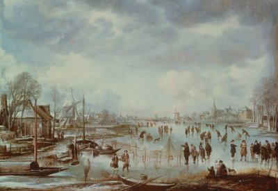 Scena invernale con figure che pattinano da Aert van der Neer