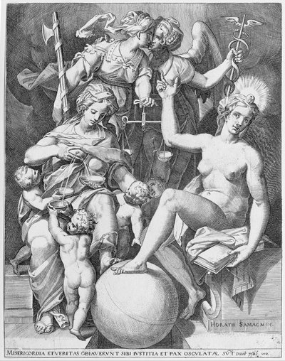 Allegoria del Salmo di Davide, Misericordia seduta a sinistra che nutre quattro bambini, 1579 da After Agostino Carracci.