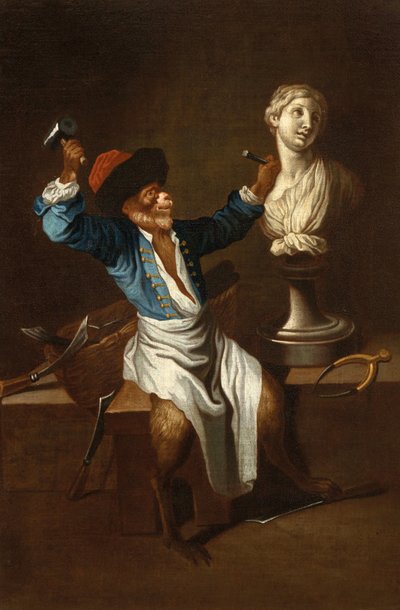 Una scimmia come scultore F 18Jh da after Jean Antoine Watteau