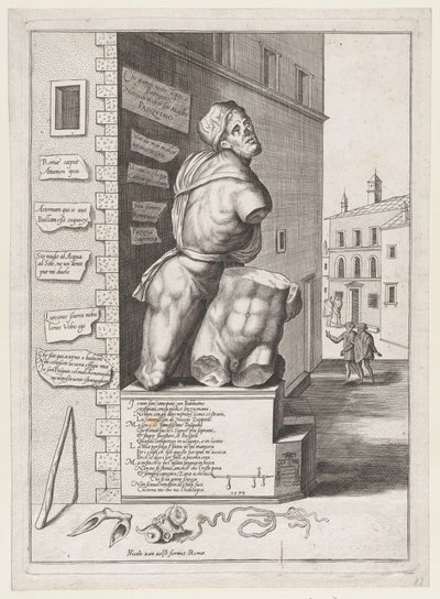 Statua di Pasquino nella casa del cardinale Ursino, pubblicata dopo il 1582 da After Nicolas Beatrizet.