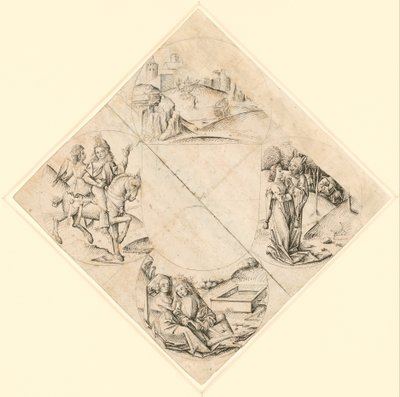 Disegno per un quadrilobo con un castello, due amanti, una fanciulla tentata da un folle, una coppia seduta vicino a un abbeveratoio e un cavaliere con la sua amante a cavallo da After The Master of the Housebook