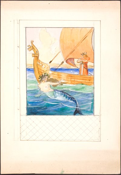 Illustrazione per Oehlenschläger con sirena e un re su una nave inserita in una bozza di cornice da Agnes Slott Møller