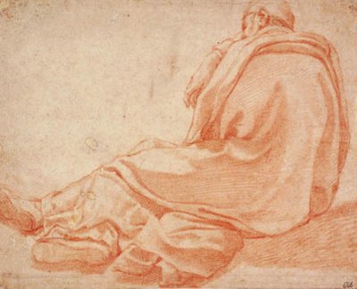 Uomo sdraiato vestito con un mantello visto da dietro da Agnostino Ciampelli