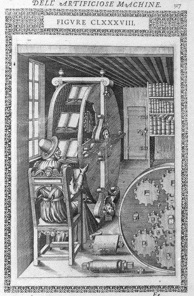 Biblioteca automatica. Basata su un progetto di Agostino Ramelli in "Diverse e Artificiose Macchine" e Milano 1600 da Agostino (after) Ramelli
