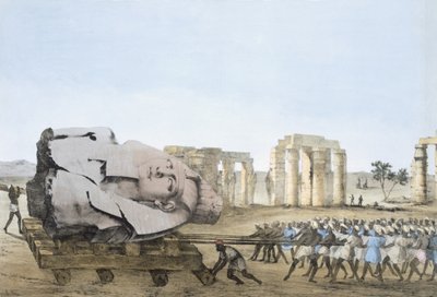 Modo in cui la testa del giovane Memnone è stata rimossa, da Plates illustrative of the Researches in Egypt and Nubia, Giovanni Battista Belzoni, Pub. 1822 (litografia a colori) da Agostino Aglio