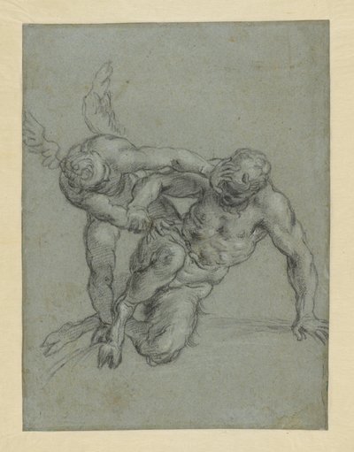 Cupido che travolge Pan (recto); Testa di monaco; Caricatura di un uomo di profilo (verso) da Agostino Carracci