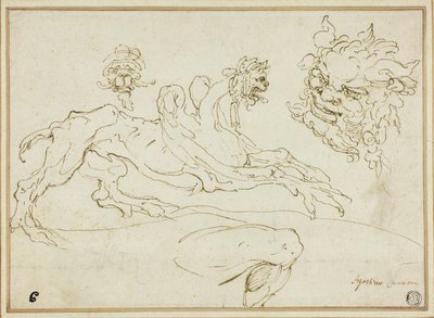Quattro schizzi: Grifone, Testa grottesca, Testa di satiro, Gamba piegata da Agostino Carracci