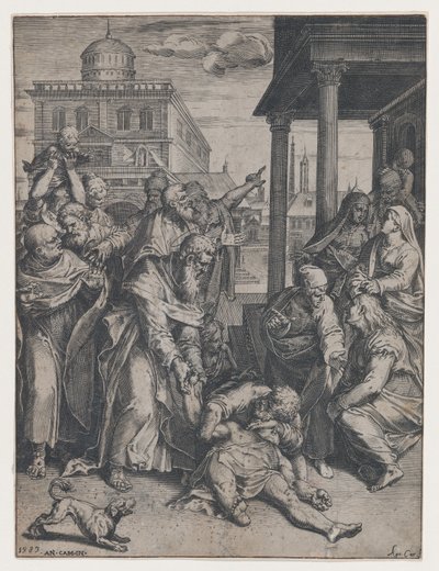 San Paolo resuscita Patroclo che è a terra, circondato da un gruppo di spettatori da Agostino Carracci