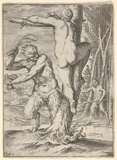 Satiro che frusta una ninfa, legata a un albero da Agostino Carracci