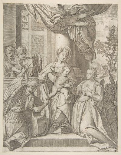 Il matrimonio mistico di Santa Caterina che siede al centro con il Bambino Gesù, angeli..., 1585 da Agostino Carracci