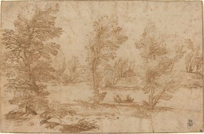Fiume boschivo con una barca da Agostino Carracci