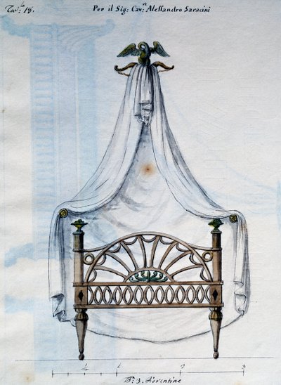 Letto a baldacchino per Alessandro Saraceni, da Lavori di falegname e fabbro ideati e disegnati da me Agostino Fantastici, manoscritto 3, tavola 18 (1782-1845) da Agostino Fantastici