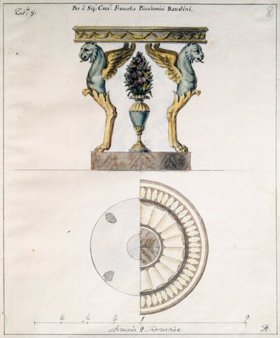 Tavolino da caffè progettato da Agostino Fantastici (1782-1845) per Francesco Piccolomini Bandini, disegno, Italia da Agostino Fantastici