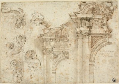 Foglio di schizzi: Mostri marini e portali elaborati (recto); Schizzi di dettagli architettonici (verso) da Agostino Mitelli